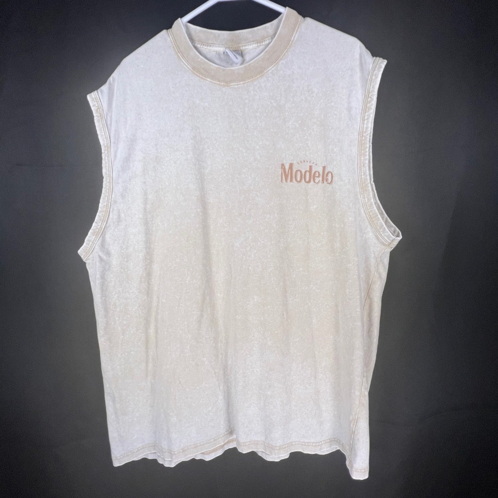 Modelo Cerveza Mens 2XL Muscle Tank Top Acid Wash UFO Cowboy Graphic Tan 1-VS003